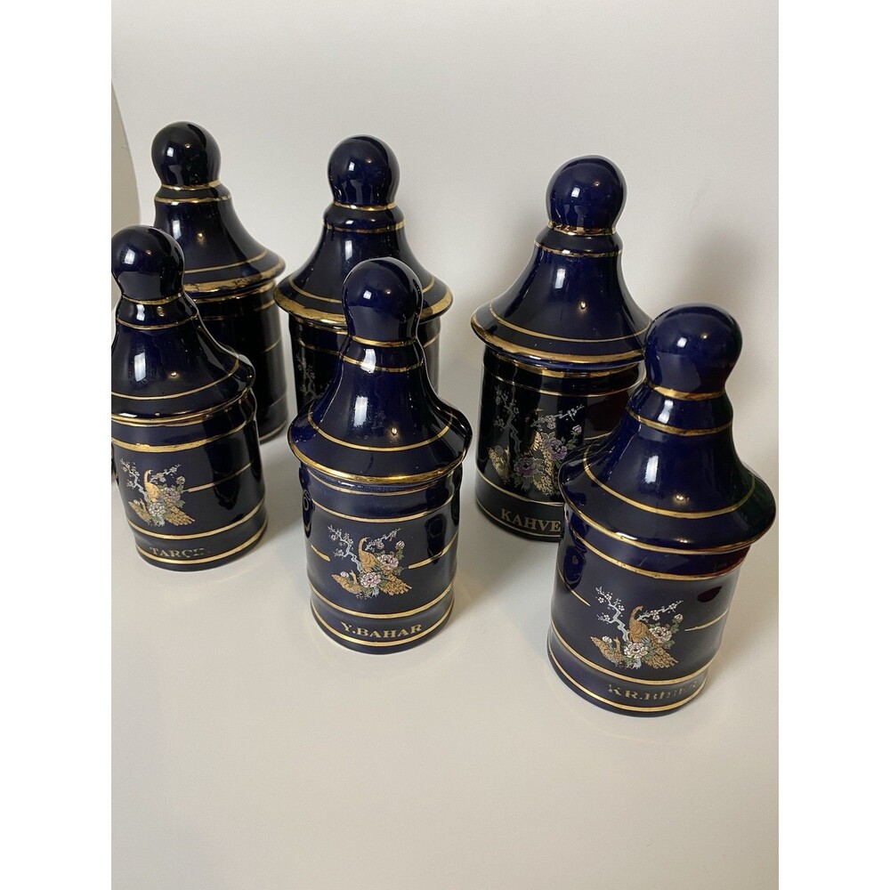 Sir Seramik Set 7 Spice Jars Cobalt Gold, Turkey Art Deco Colorful Canisters - Picture 8 of 15